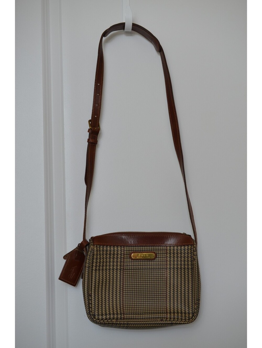 Vintage Polo Ralph Lauren Plaid Crossbody Shoulder Bag Leather Trim Tag